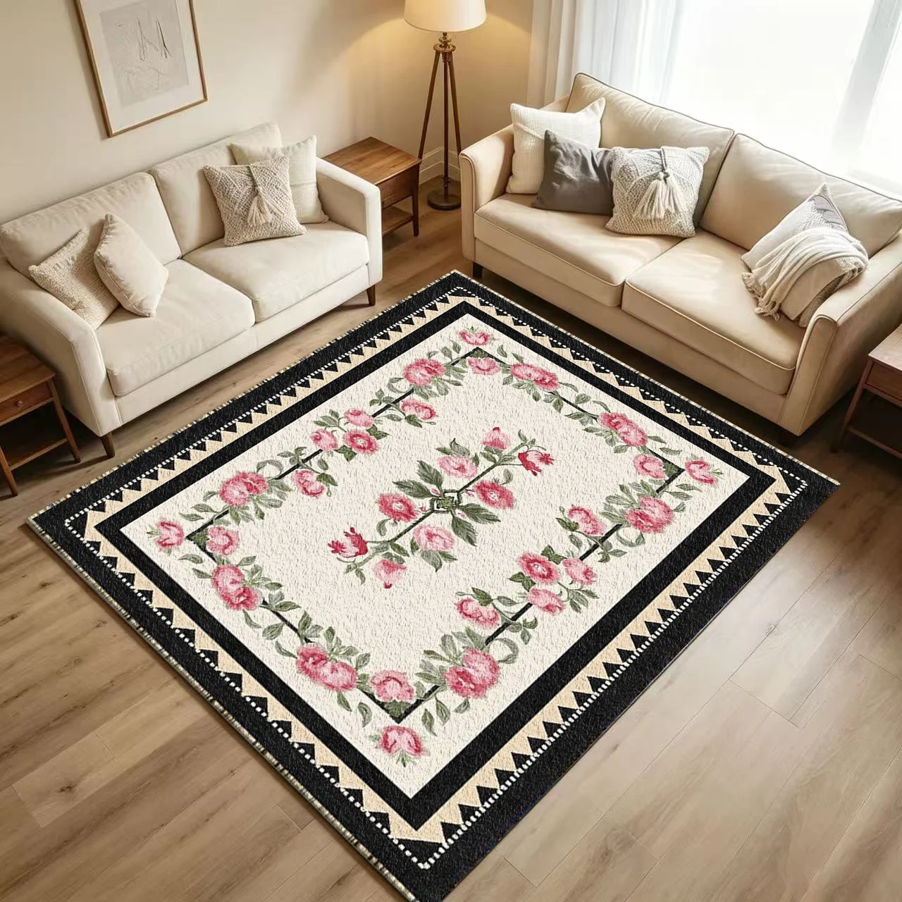 Vintage Pink Rose Floral Frame Carpet Flooring Black Geometric Border Printed Floor Rug for Household Living Room Classic Home Art Decoration