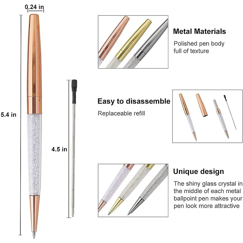 60Pcs 금속 크리스탈 볼 펜 로즈 골드 크리스탈 펜 결혼 선물 다이아몬드 펜