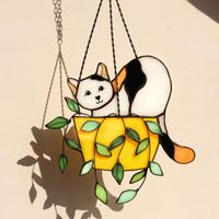 Elegant Exquisite Flower Pot Cat Suncatcher Cartoon Pattern Colored Window Ornament Handmade Car Hanging Pendant Home Decor