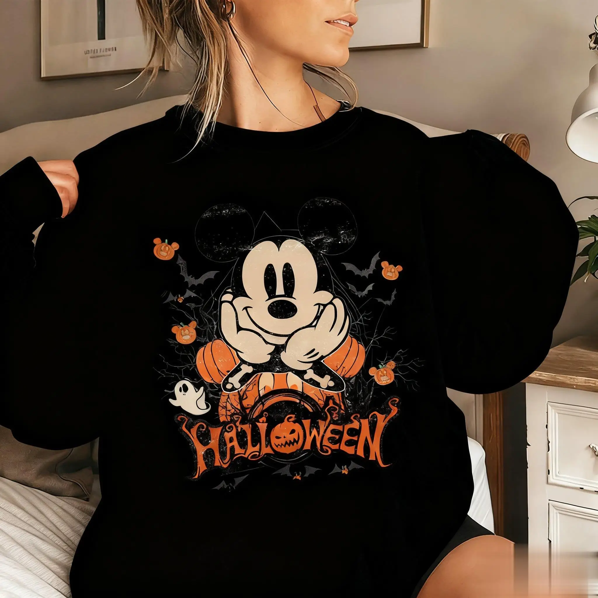 

Hallowmas Микки Маус винтажный свитшот с круглым вырезом с принтом женский топ с длинными рукавами повседневный пуловер уличная одежда Y2k зимняя новинка Disney