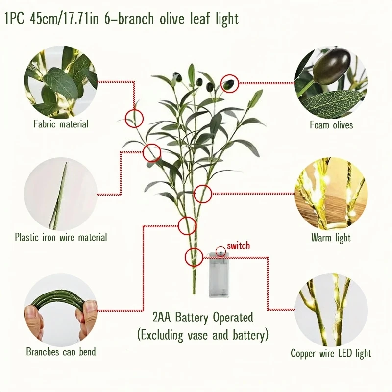 1/3/5PCS Artificial Olive Branch LED Lights,DIY Cafe, Home, Office, Restaurant,Counter Night Light,Battery Powered Strip Light