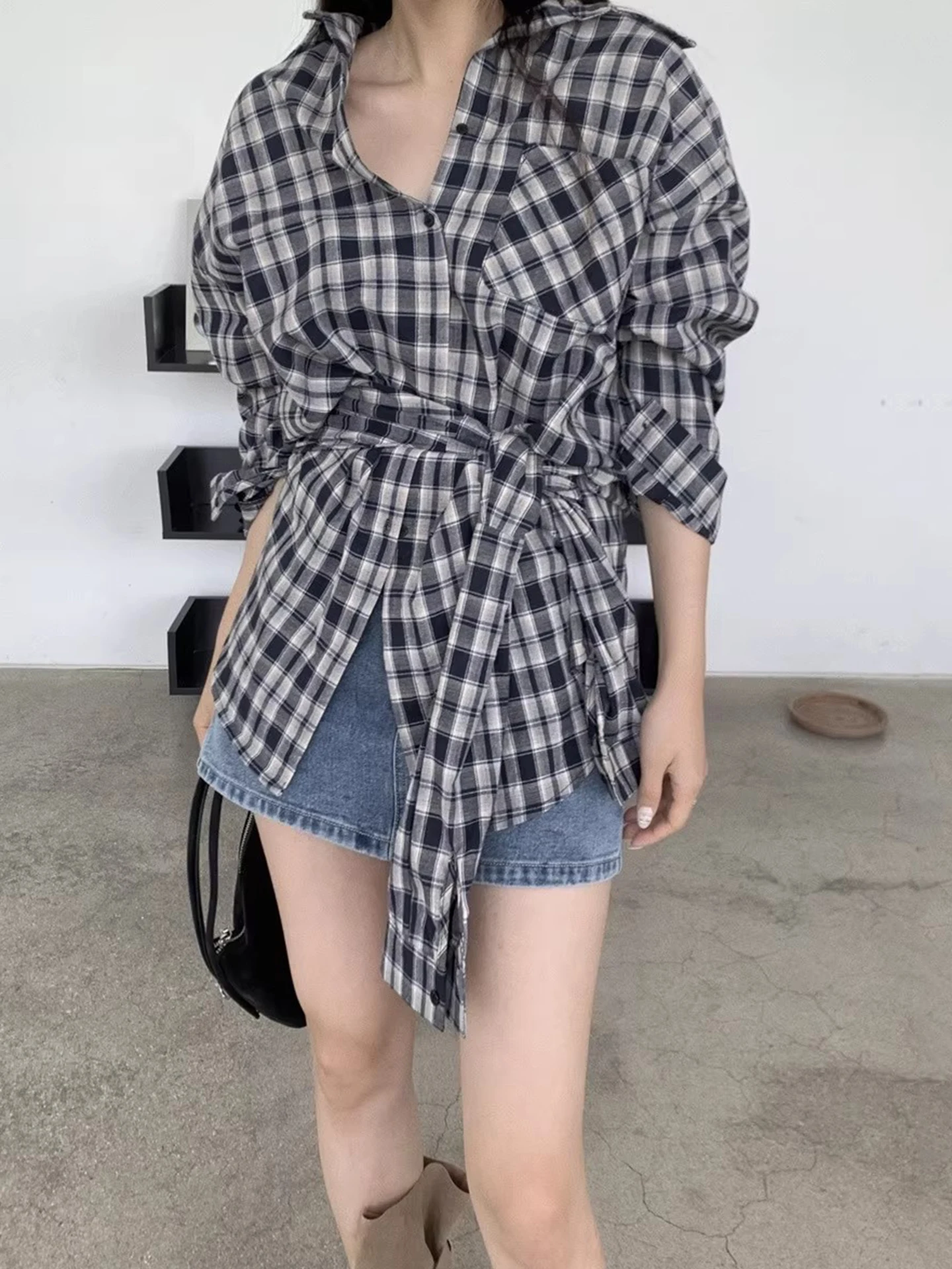 Retro a cuadros con cinturón para mujer, irt, primavera, principios de temporada, corte ajustado, capa Base asimétrica, Color superior, corbata de Colion, diseño de cintura