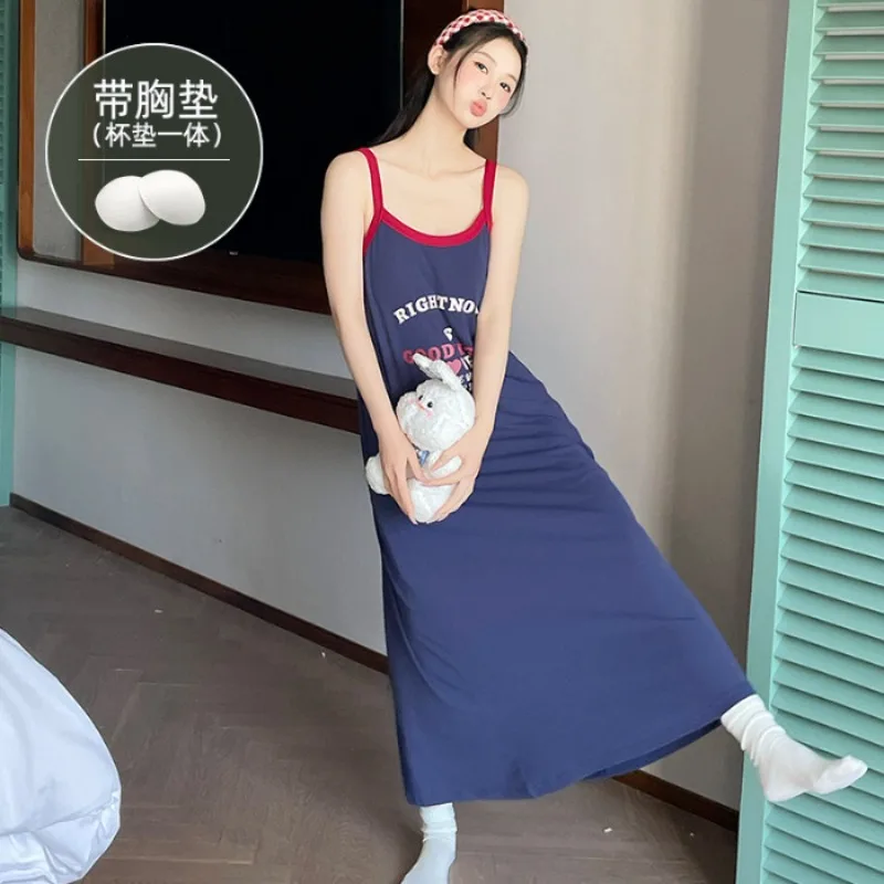 3XL Große Größe Pyjamas Langes Kleid mit Brust Pad Koreanische Badeort Maxi Kleid Sommer Hosenträger Nachthemd Kann Draußen Tragen