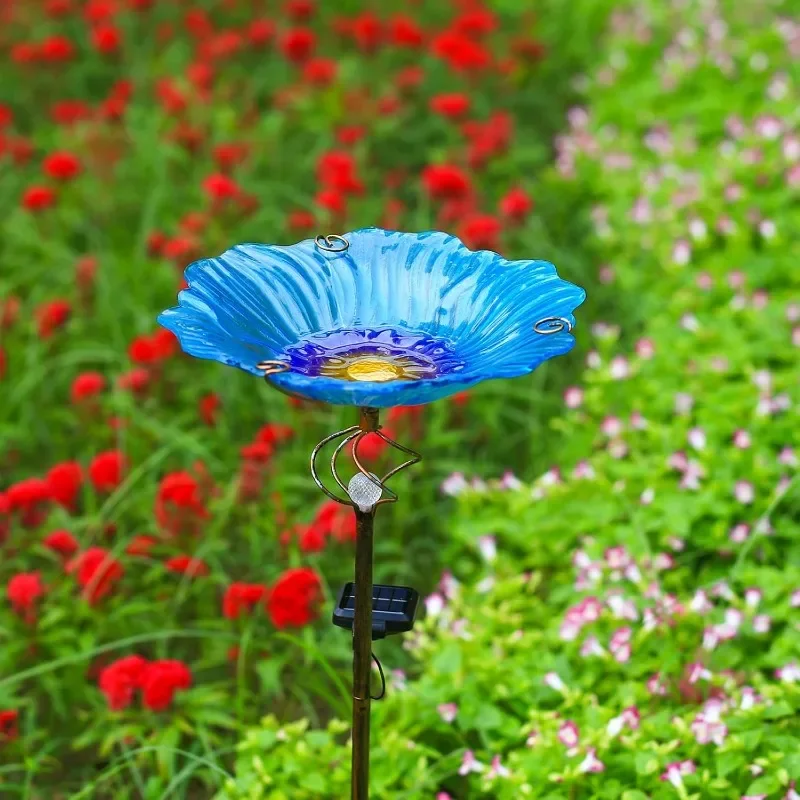 Solar Glass Blue Bird Bath, Yard Art，Garden Outdoor Birdbath with Metal Stake with White LED Light Metal Stake Garden