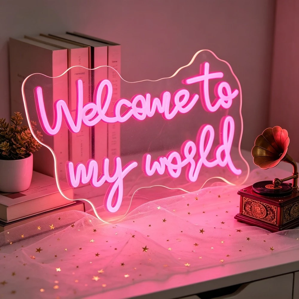 Welcome To My World LED Neon Sign USB Dimmable Wall Light for Bedroom Cafe Bookstore Girl Room Birthday Party Gift Home Decor