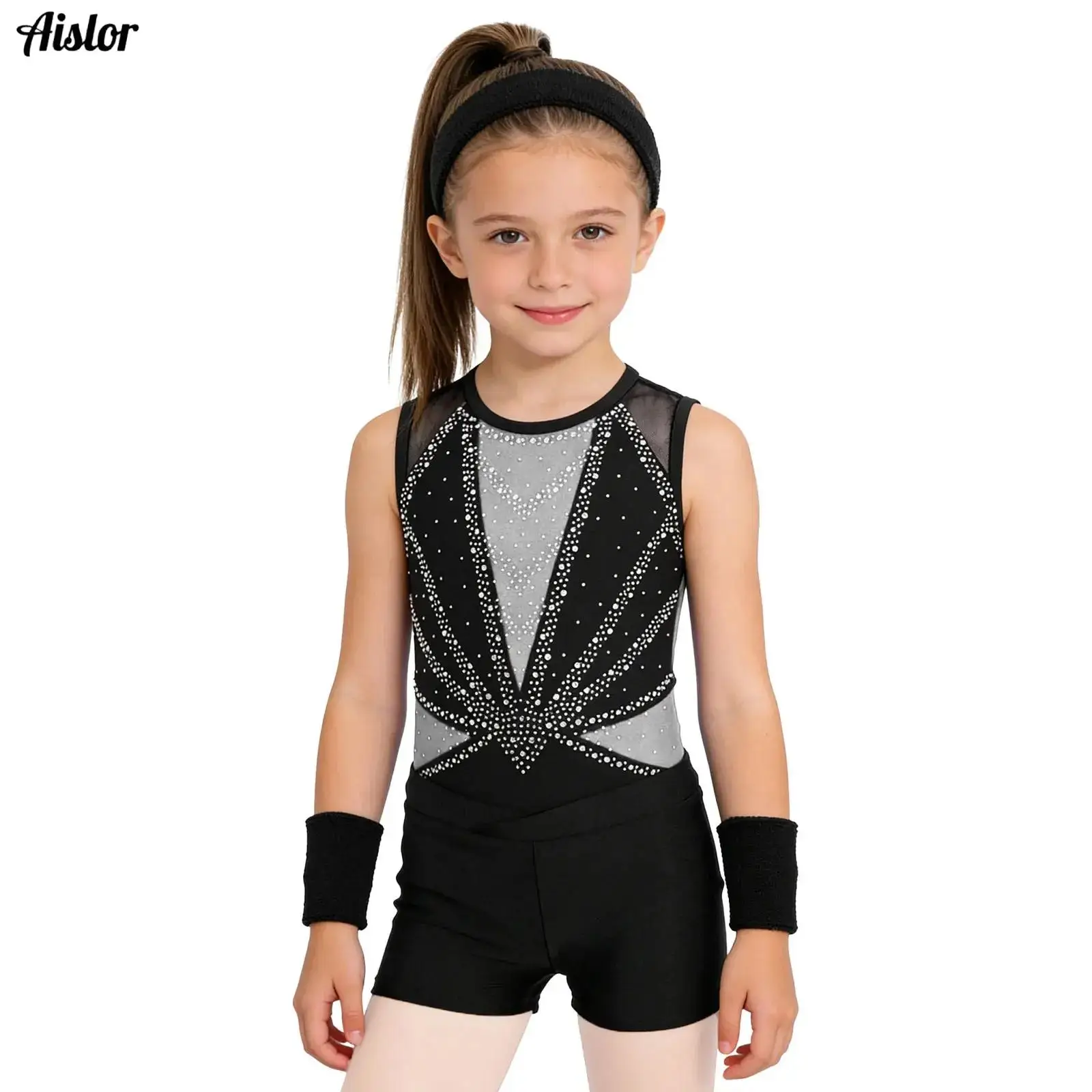 

Kids Girls Rhythmic Gymnastics Jersey Figure Skating Ballet Leotard Shiny Rhinestones Bodysuit+Shorts+Sports Headband+Wristbands