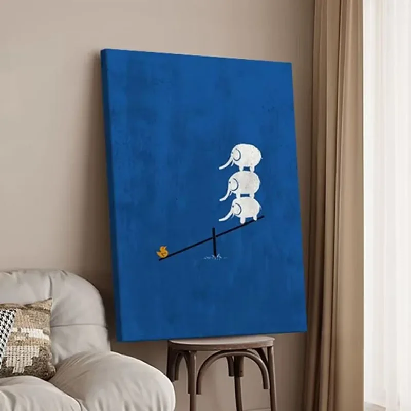 Hand painted oil painting Klein blue living room entrance decorative painting niche creative three baby elephants children's roo