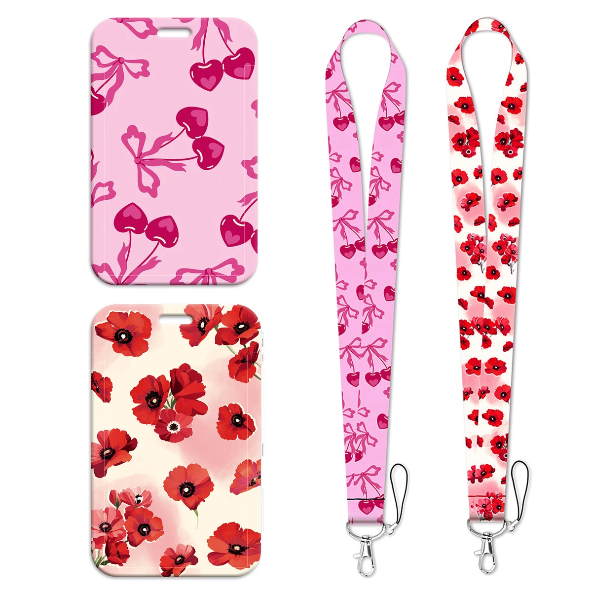 

Trendy Pink Cherry Lanyard Keychain Vintage Red Poppy Ribbon Hang Rope Keyring Mobile Phone Neck Straps Key Ring Friends Gifts