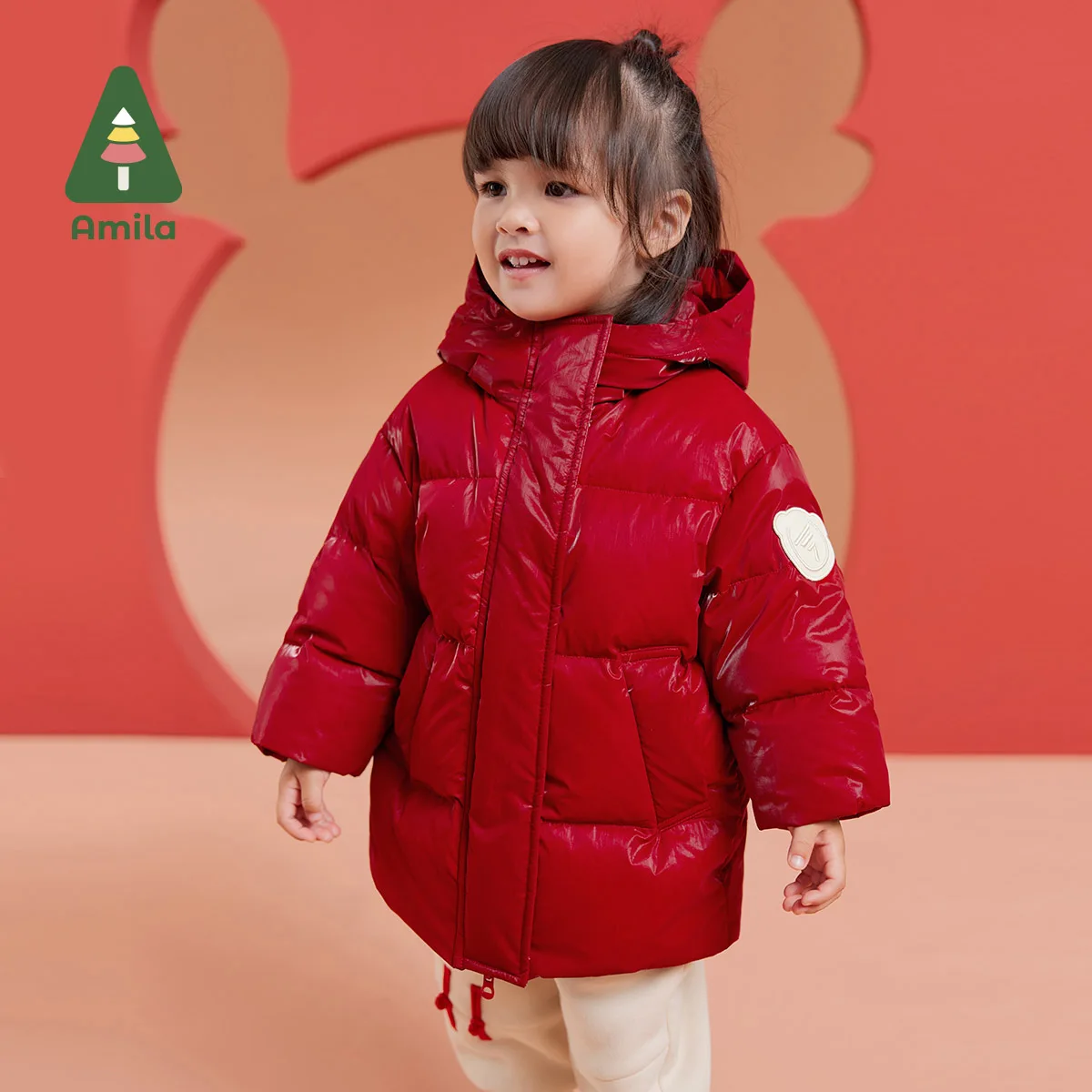 Amila Baby Children Down Jacket 2024 Winter New Multicolour Hooded Fleecing Shiny Fabric Windproof Cuffs   Baby Clothing