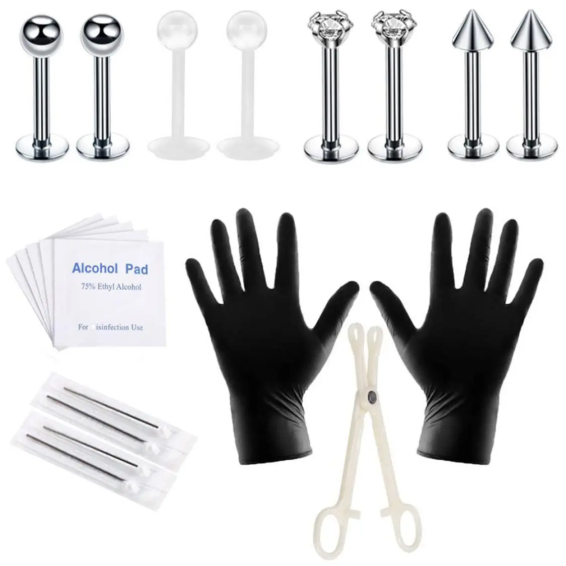 19PCS Body Piercing Kit Stainless Steel Labret Lip Studs Nose Ring Tongue Eyebrow Piercing Needles Tools Silvery Black
