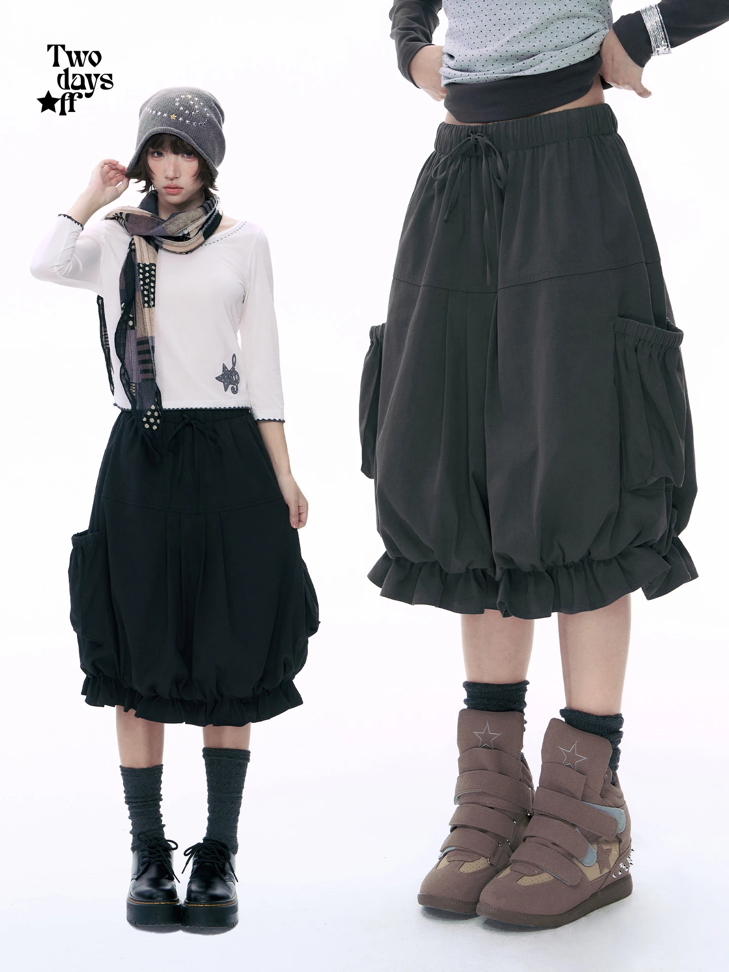 Twodaysoff Korean Y2K Half-length Skirt with Drawstring Casual Pleated Midi Skirt for Women Weekend Special Cotton Blend