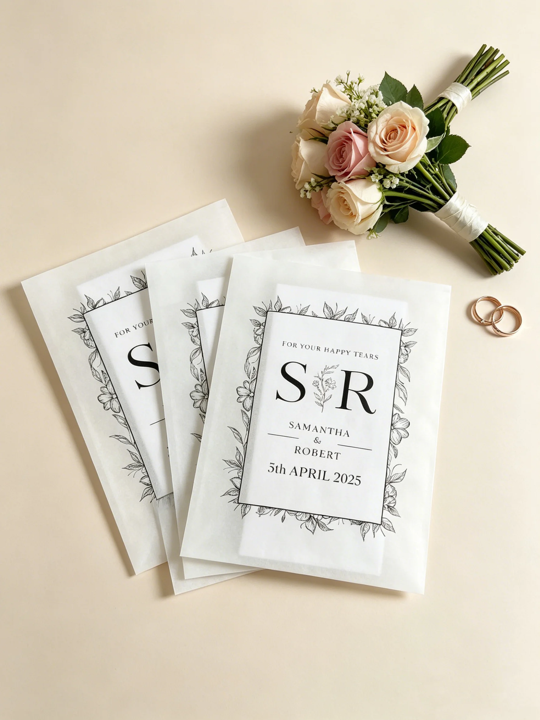 

Custom Happy Tears Tissue Confetti Packs Luxury Personalised Wedding Guest Souvenir Packets