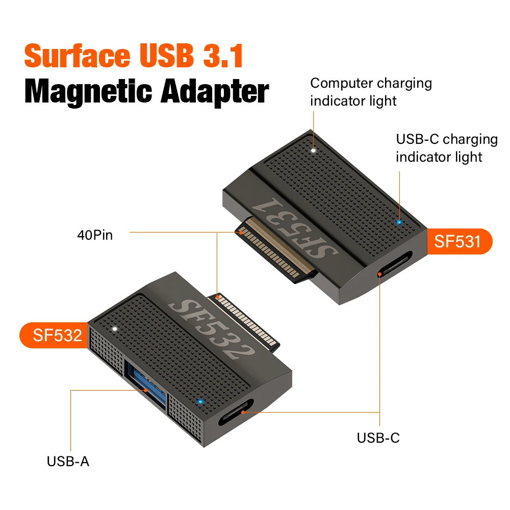 Magnetic To USB3.1 Type-A & 15V Type-C USB-C Data Charge Adapter SF531 SF532 for Surface Pro9 Pro8 Pro7 Pro6 Pro X Go Book