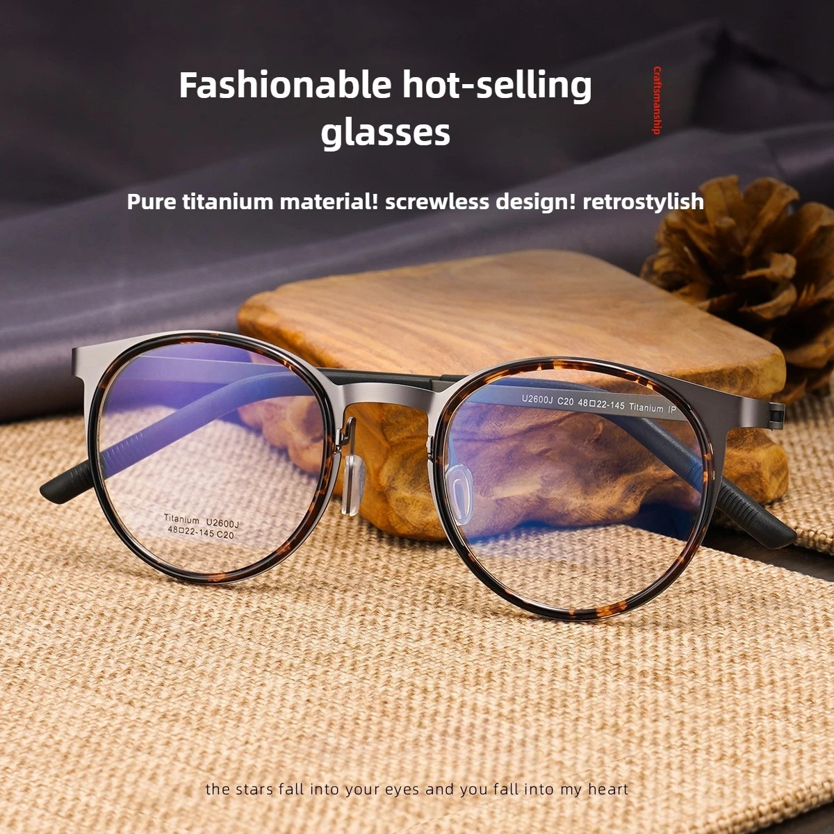 

Tortoiseshell Titanium Glasses Frame, 10g Ultra-Light IP Plated Round Full Rim, Handmade Executive Eyewear for Men