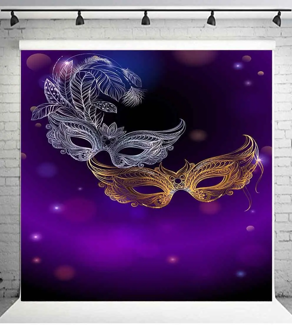 Photography Backdrop Gold And Silver Mask Masquerade Violet Photo Graduation Prom Decor Dress-up Party School Dance Background