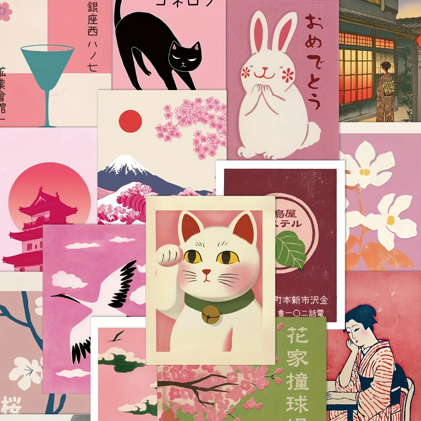 50 Stück kreative rosa japanische Retro-ästhetische Aufkleber, Kontodekoration, DIY-Telefonhülle, personalisierte wasserfeste Aufkleber