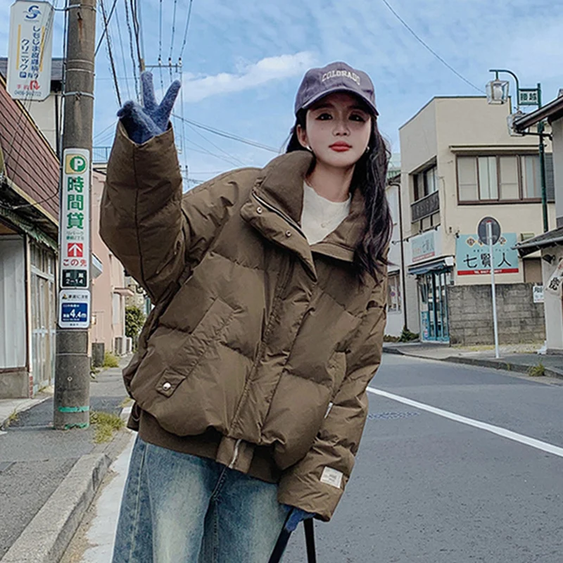 Giacca invernale imbottita in cotone Donna Coreano Streetwear Parka in cotone con risvolto versatile 2025 Cappotto in cotone con zip a maniche lunghe allentato chic