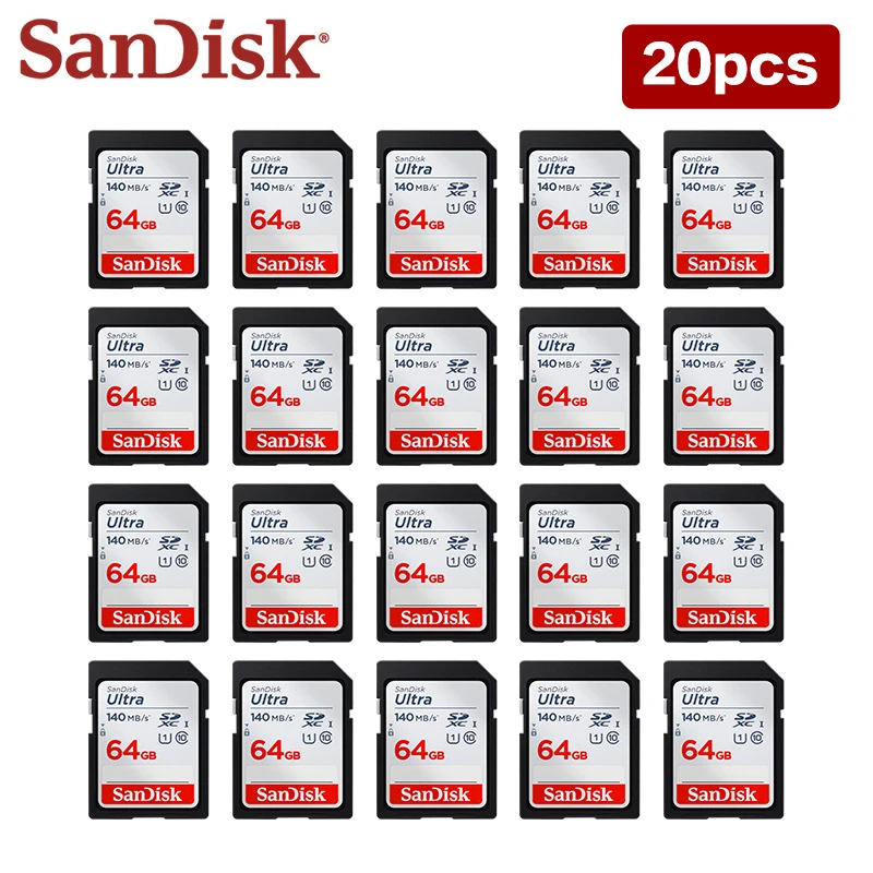 

20PCS Wholesale SanDisk UHS-I SD Card SDHC 32GB SDXC 64GB 128GB U1 C10 Up to 140Mb/s Flash Memory Card for Camera