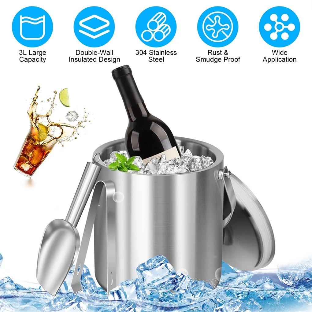 

3L Ice Holder Ice Container Double-Wall Stainless Steel Insulated Ice Bucket 3L Ice Holder Ice Container with Lid Scoop Strainer