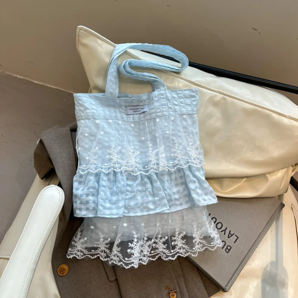 

Casual Sweet Fresh Lace Handbag Cute Ruched Bowknot Ruffle Shoulder Bag Pastoral Style Underarm Bag Cloth Dumpling Bag Travel