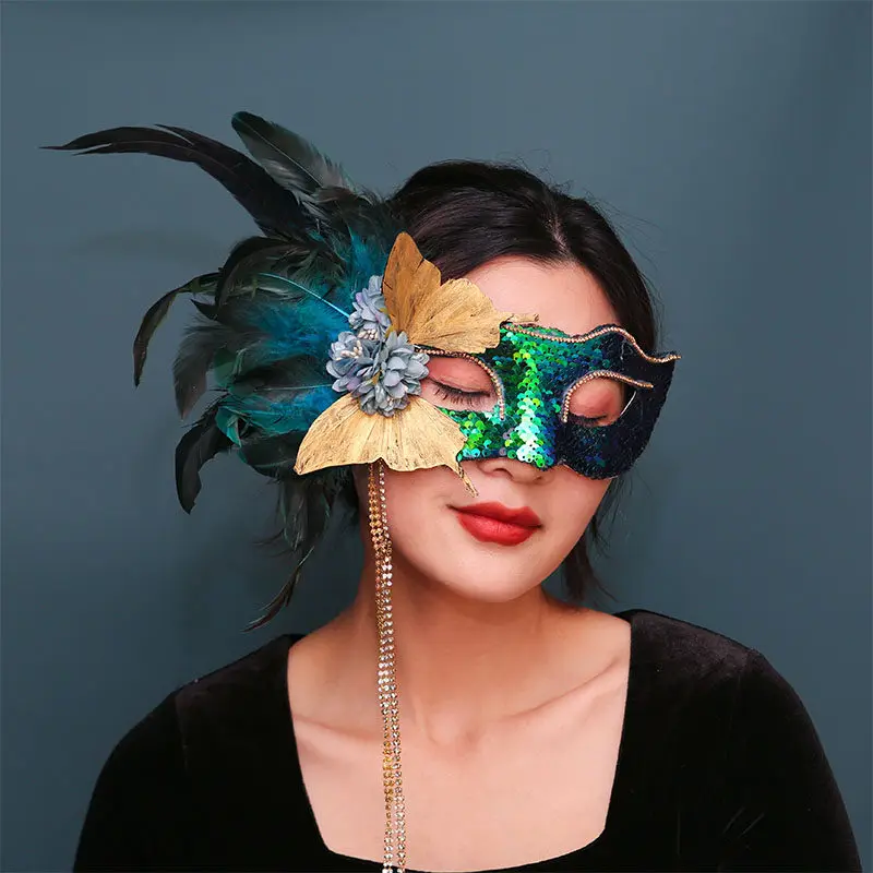 

Venice Feather Mask Women's Ball Party Masquerade Ball Halloween Decorations Green Mask Butterfly