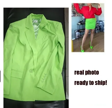 Getspring Women Blazer Set Skirt Suit Green Shouder Padded Oversized Coat Jacket 2024 Long Sleeve Single Button Skirt