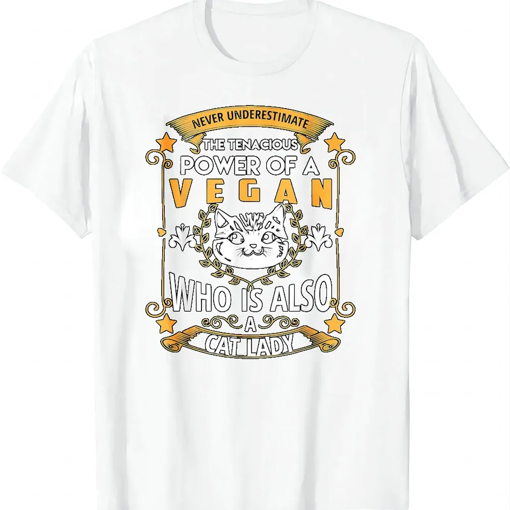 Power of A Vegan Who Is Also A Cat Lady Vegan T-Shirt Casual Graphic T Shirts Vintage Clothes Tops Camiseta Streetwear