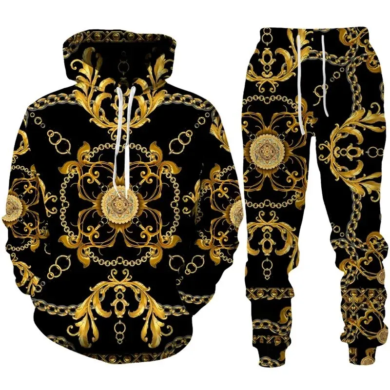 2023 New Fashion Luxury Golden Pattern Hoodie 3D Print Hooded Sweatshirt Pleasure Sportswear Trousers Suit Streetwear Clothing