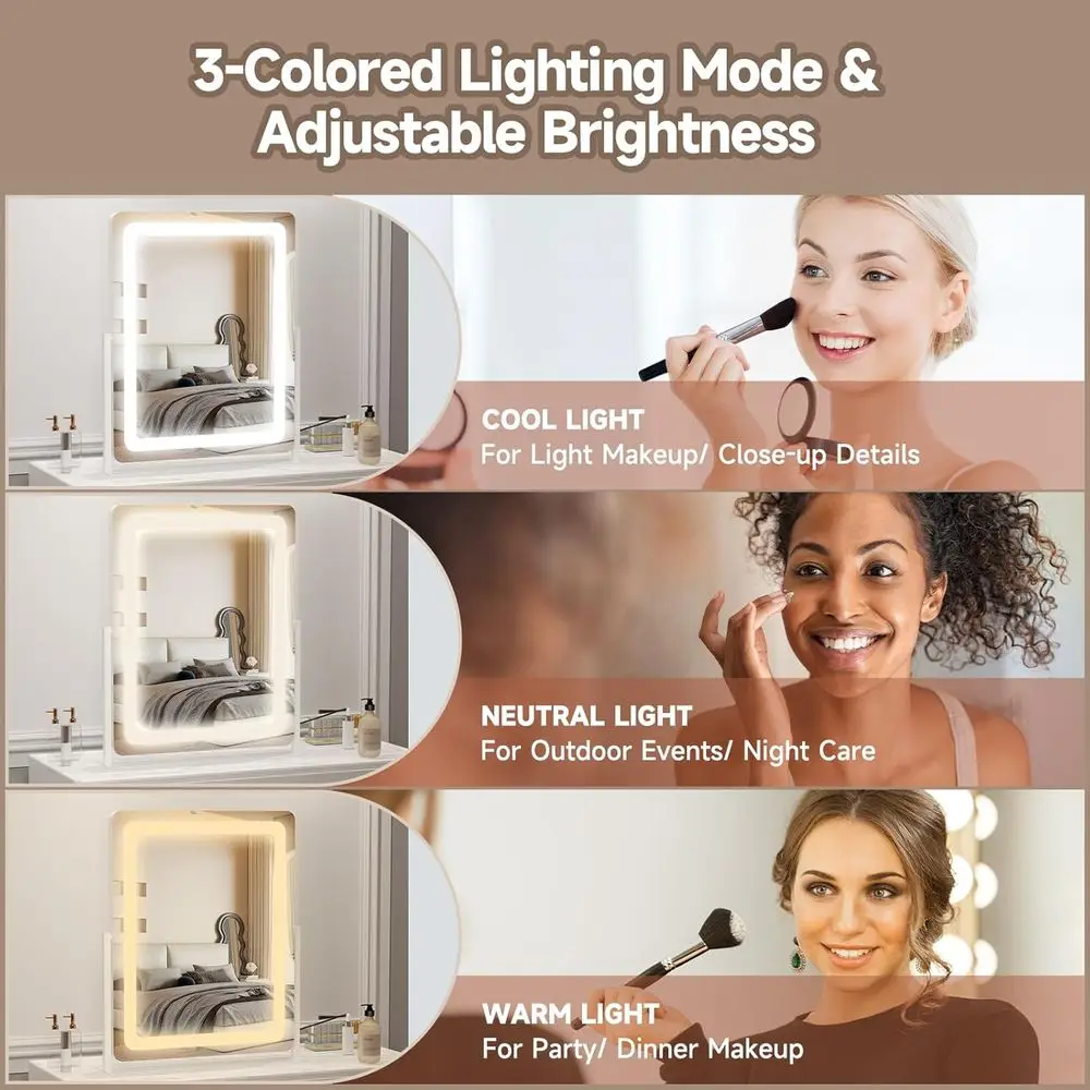 Miroir de courtoisie 19x22 éclairé par LED, lumière 3 couleurs à écran tactile, miroir de maquillage à intensité variable pour bureau ou chambre à coucher, blanc