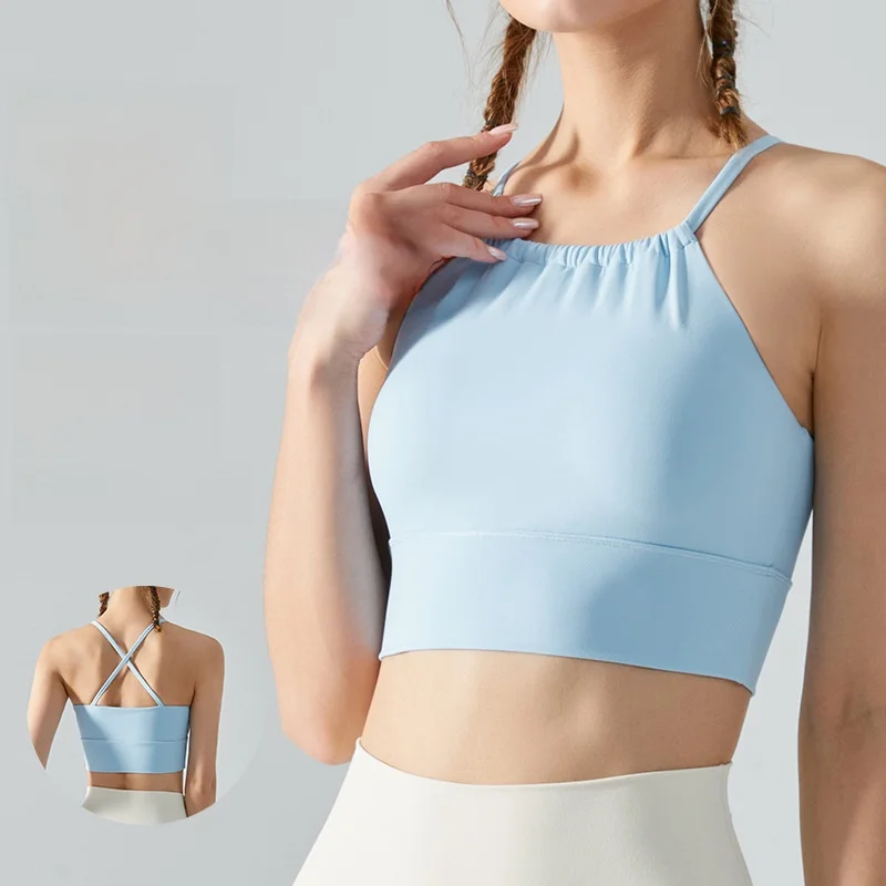 

Женская спортивная одежда, летняя майка для фитнеса, жилет для йоги, бюстгальтер для бега с нагрудной подушечкой, подвесной шейный ремень, дизайн сложенного воротника