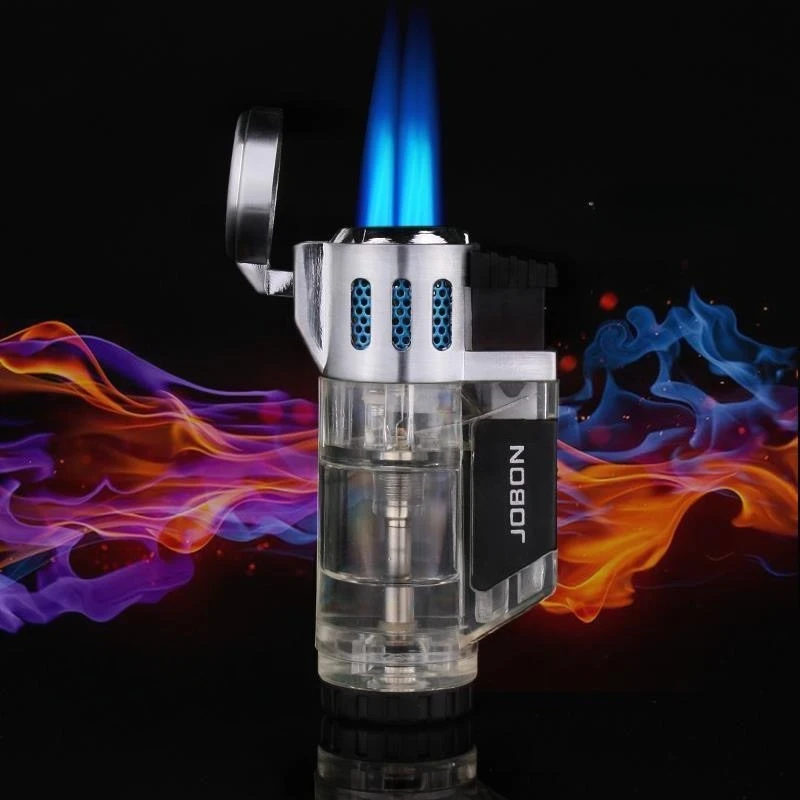 Jobon Windproof Blue Flame 3-Fire Cigar Lighter Fuel Visible Window Torch Lighter High-End Men's Smoking Accessory Gift
