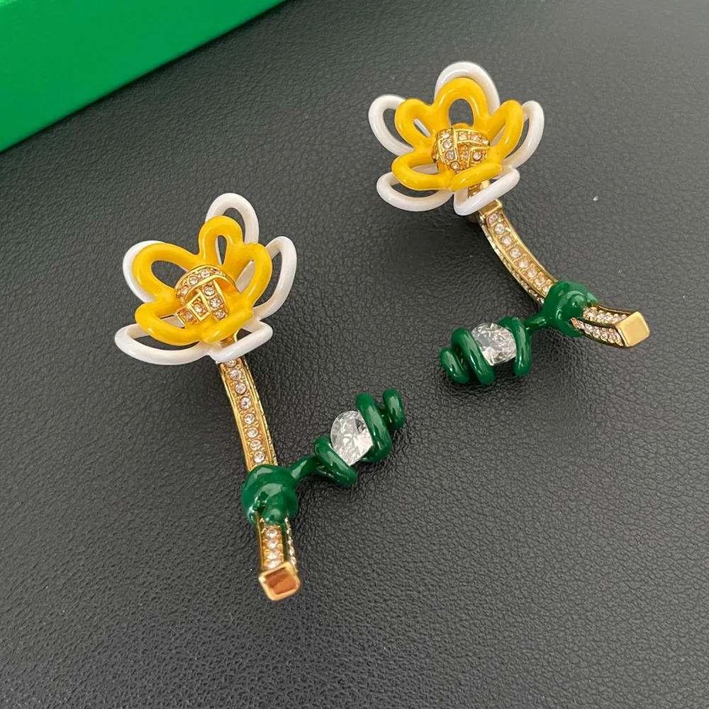 Yuri Ailey Rhinestone Enamel Flower Stud Earrings Gold Long Branch Earrings Crystal Accent Colorful Petal Jewelry for Women Gift