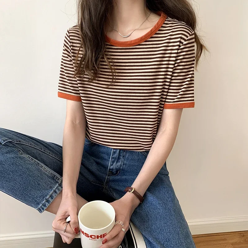 Vintage Japan O Neck Short Sleeve Striped Tshirts Women Summer Contrast Tops Clothing Fashion Wild Tees Cotton Y2k Shirt