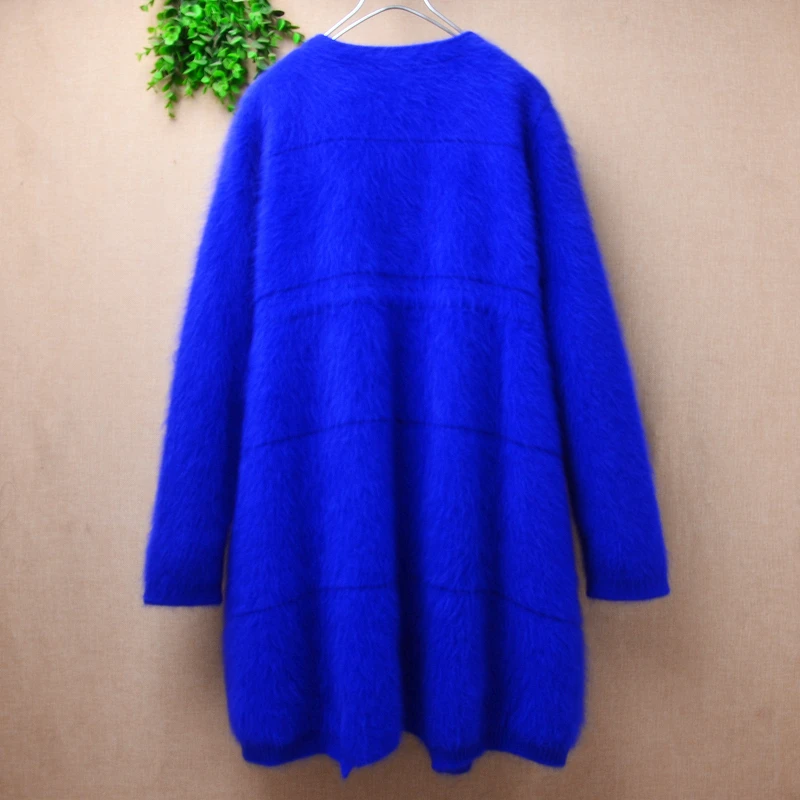 Heavy Thick Female Women Spring Winter Clothing Blue Hairy Mink Cashmere Knitted Long Sleeves Loose Cardigans Jacket Sweater