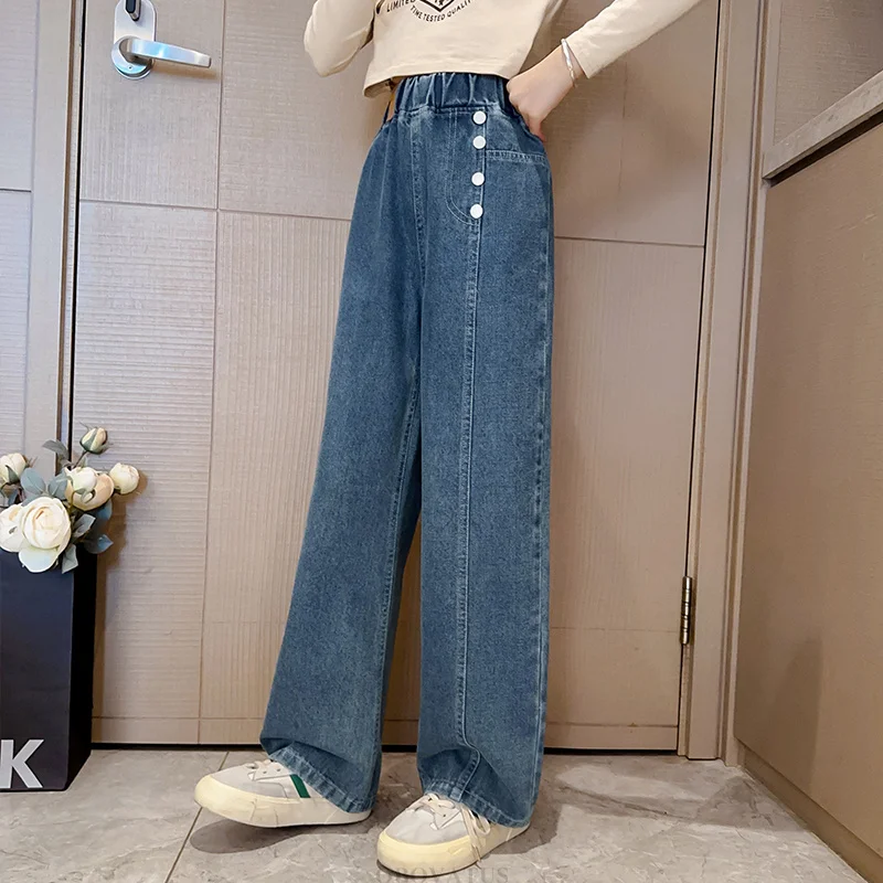 Kids Vintage Blue Jeans with Buttons For Teen Girls Elegant Straight Denim Pants Teenager Child Retro Casual Jeans Trousers 5-14