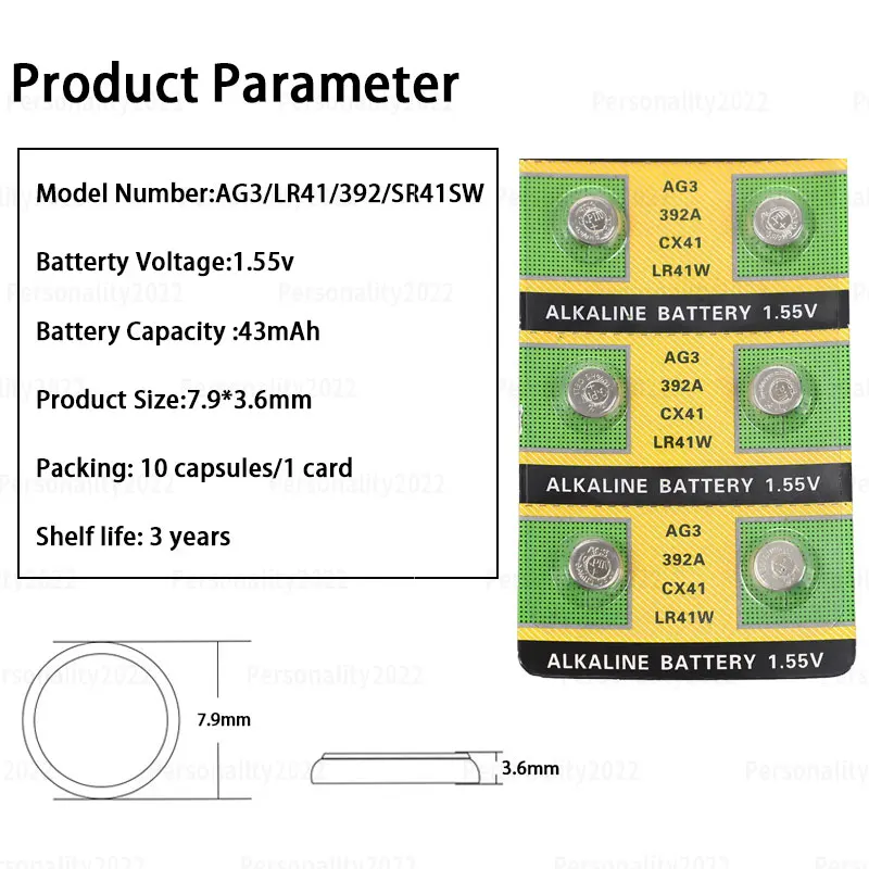 AG3 LR41 Alkaline Battery 1.55V 392A LR41W 384 L736 SR41 392 192 Button Cell Batteries for Toys LED Lights Battery Detector Pen