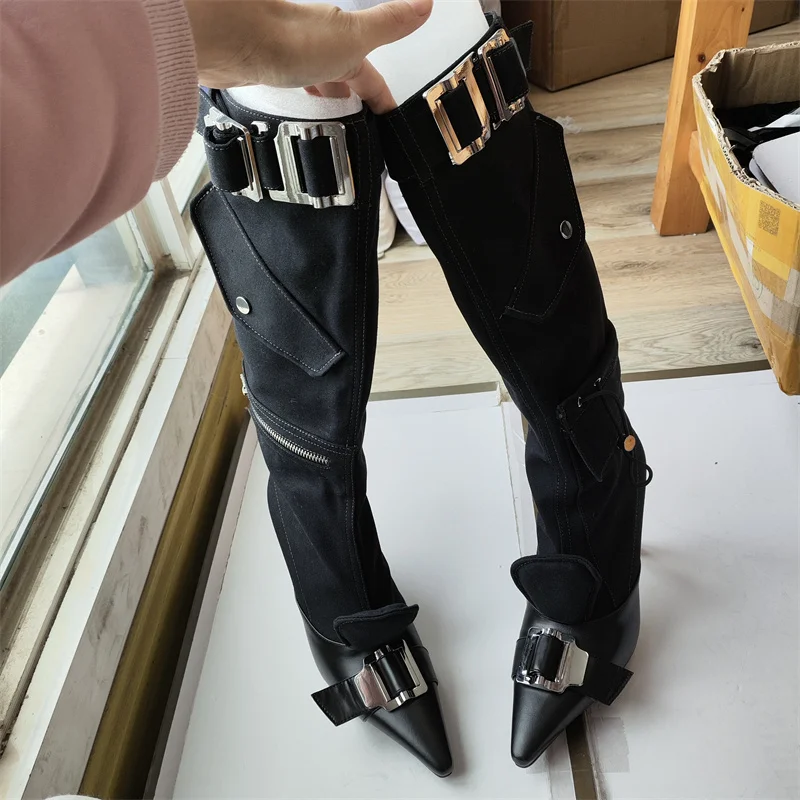 Vintage Belt Buckle Western Denim Boots 2023 New Pocket Workwear Fashion Boots Splice Pointed Heel Stacked High Heel Boots 35-39