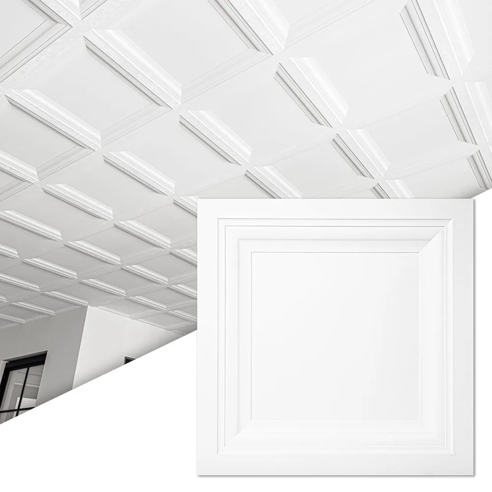 

12-Pack Square Drop Ceiling Tile 2ft X 2ft in White, PVC Ceiling Panel 24 X 24in. - Compatible