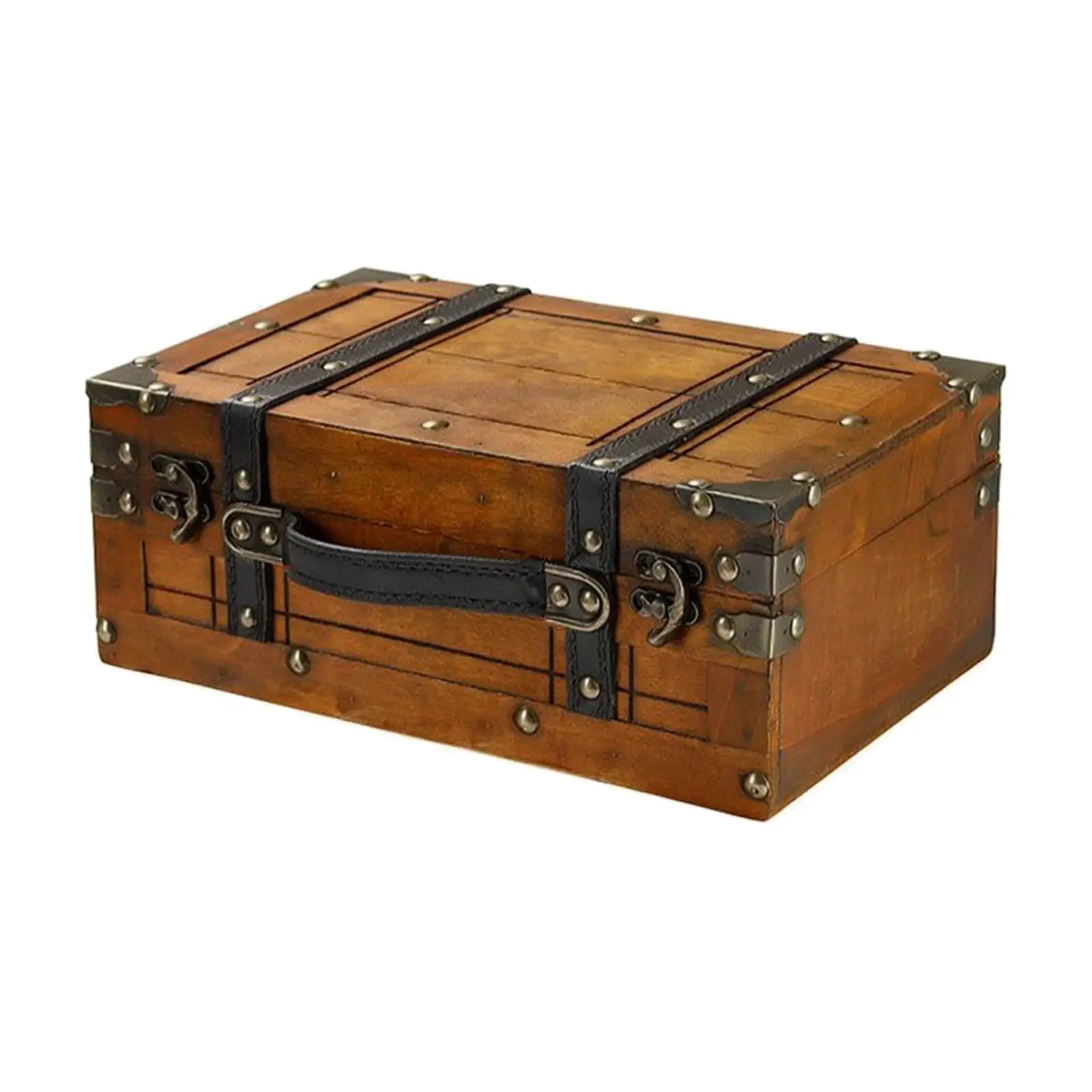 Rustic Wood Storage Trunk Retro Keepsake Chest with Decorative Straps and Locking Clasp for Small Items Home Organizer