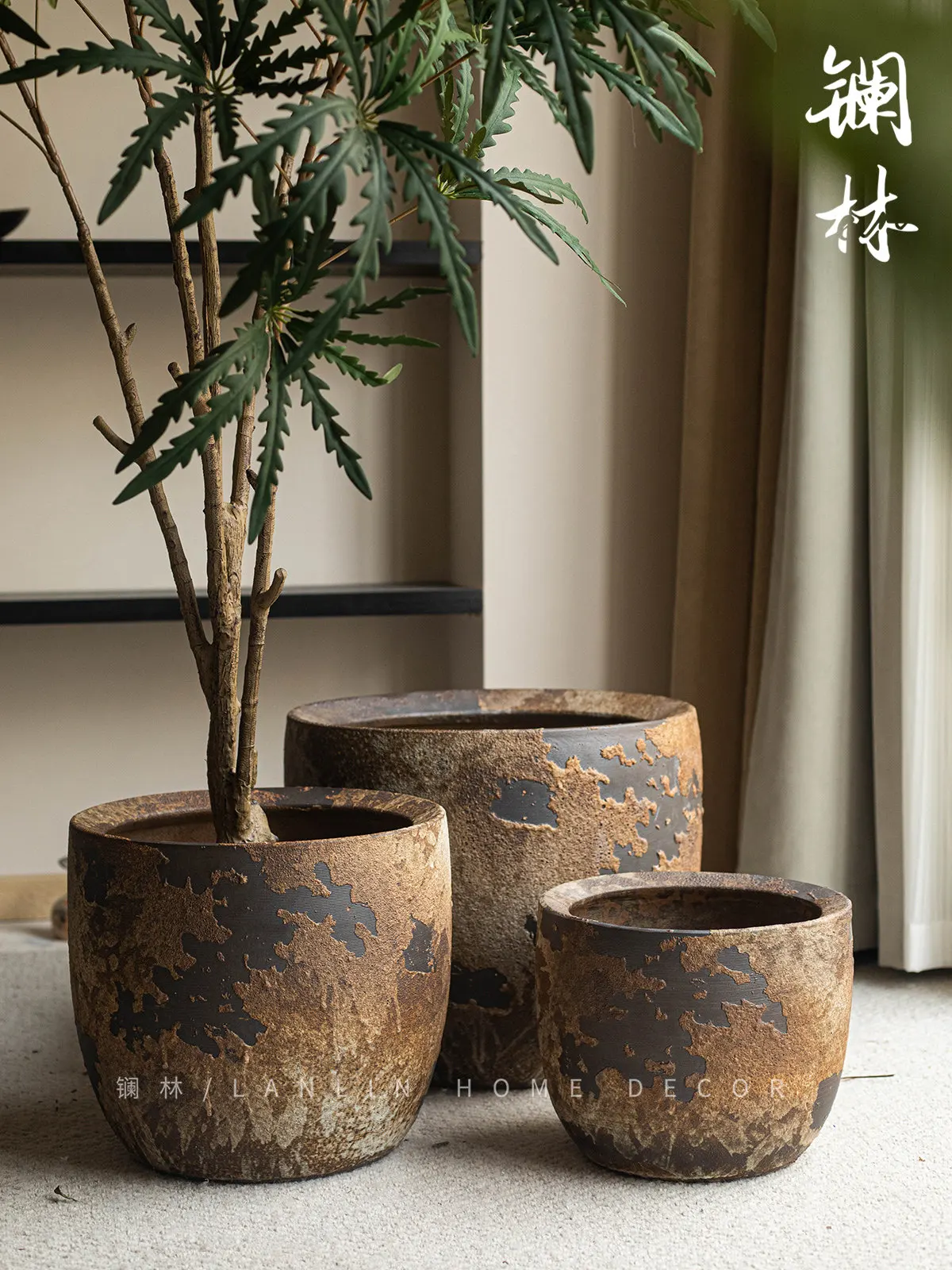 

Wabi Sansan retro ceramic large flower pot new Chinese living room floor coarse pottery decorative flower arrangement device