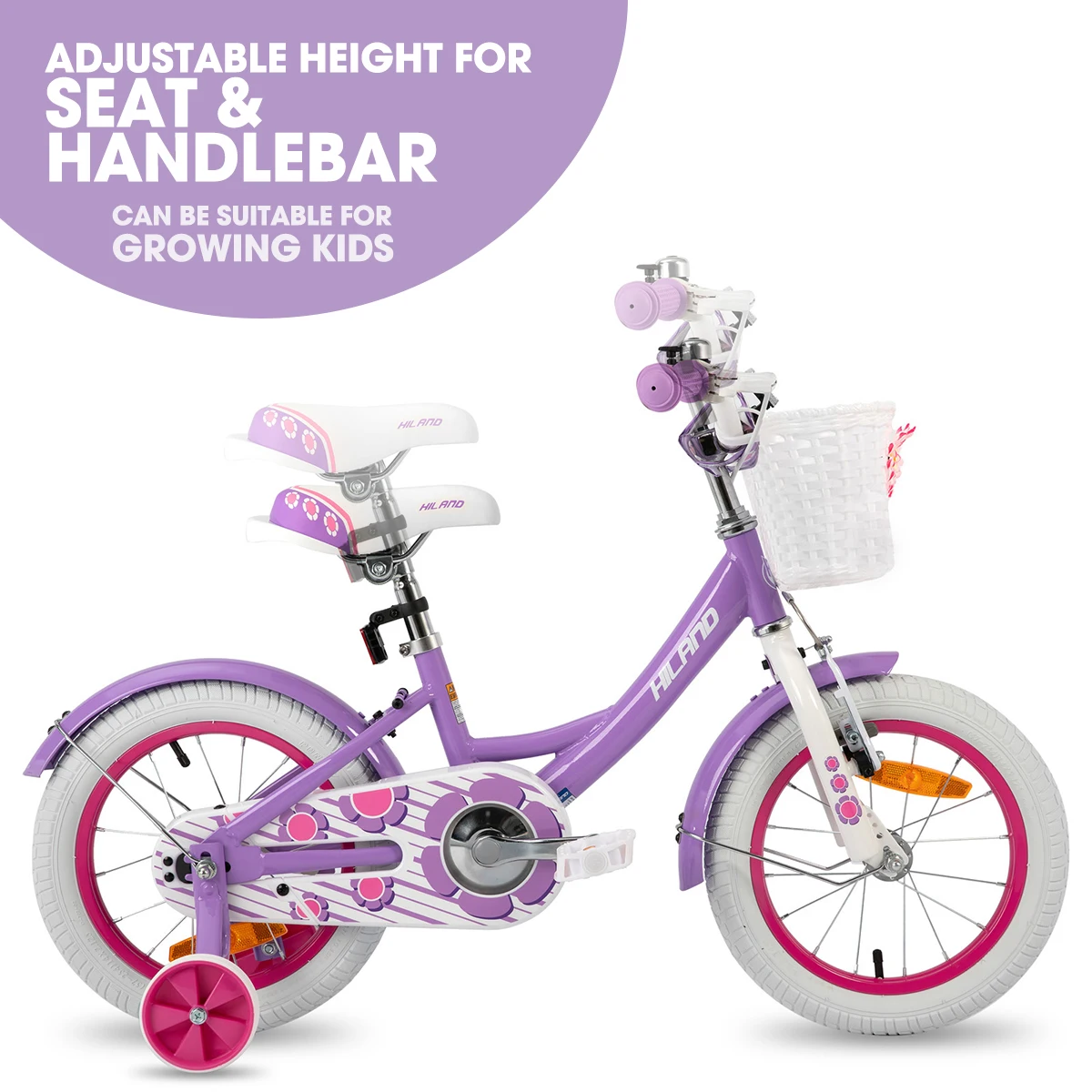 HILAND meisjesfiets voor peuters en kinderen van 2-7 jaar oud, 12 14 16 inch kinderfiets voor meisjes met zijwieltjesmand, wit