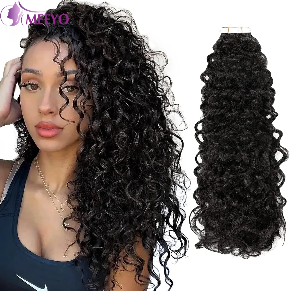 Tape In Human Hair Extension Deep Wave Skin Weft Brazilian Real Human Hair Curly Tape In Hair Black Water Wave Natural Black 50G