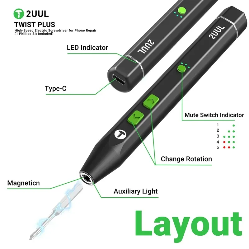 2UUL SD16 TWIST PLUSElectric Torque Screwdriver  High-Speed 400 R/min for Cell Phone Repair Motherboard PCB Screw Removal Tool