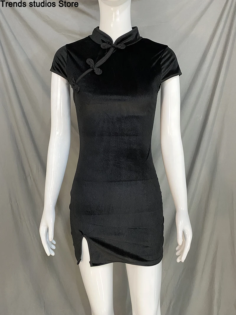Abito da donna Y2K Cheongsam in velluto elegante nero sexy manica corta con bottoni casual shopping foto abito cinese attillato moda estate