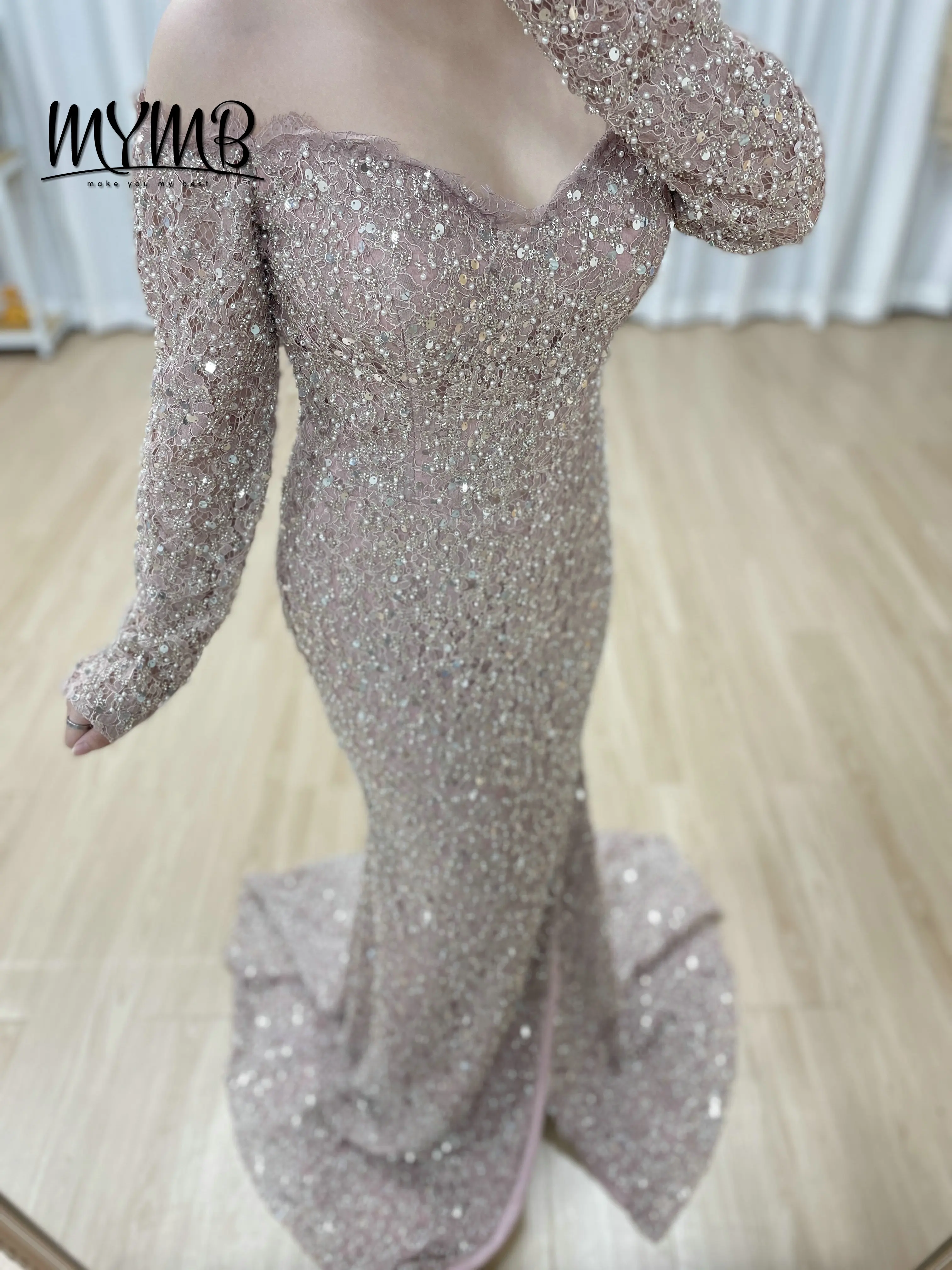 Mymb rosa vestidos femininos senhora elegante para chá alto mangas compridas sereia vestido de casamento formal luxo cristal frisado vestido my30170