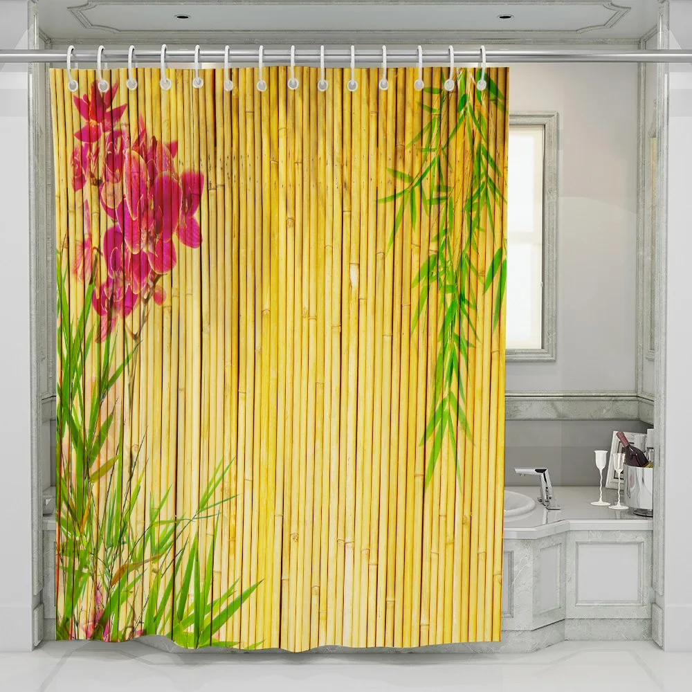 Yellow Green Bamboo Shower Curtain Bathroom Curtains Natural Scenery Waterproof Fabric Background Wall Decor Screen With Hooks