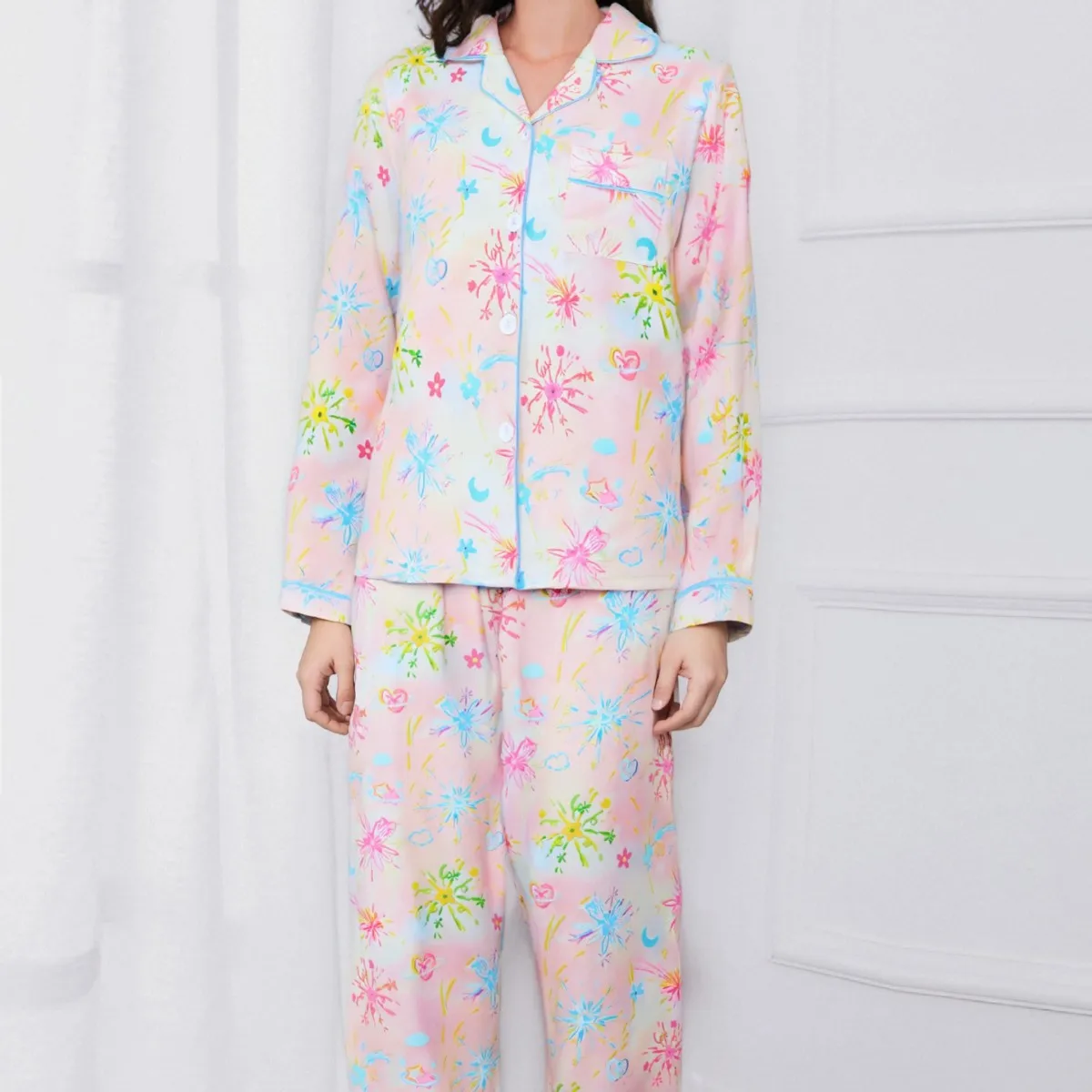

Milk Silk Women's Pajamas 2PCS Autumn Printing Lapel Long-sleeved Trousers European American Comfortable Loungewear Set