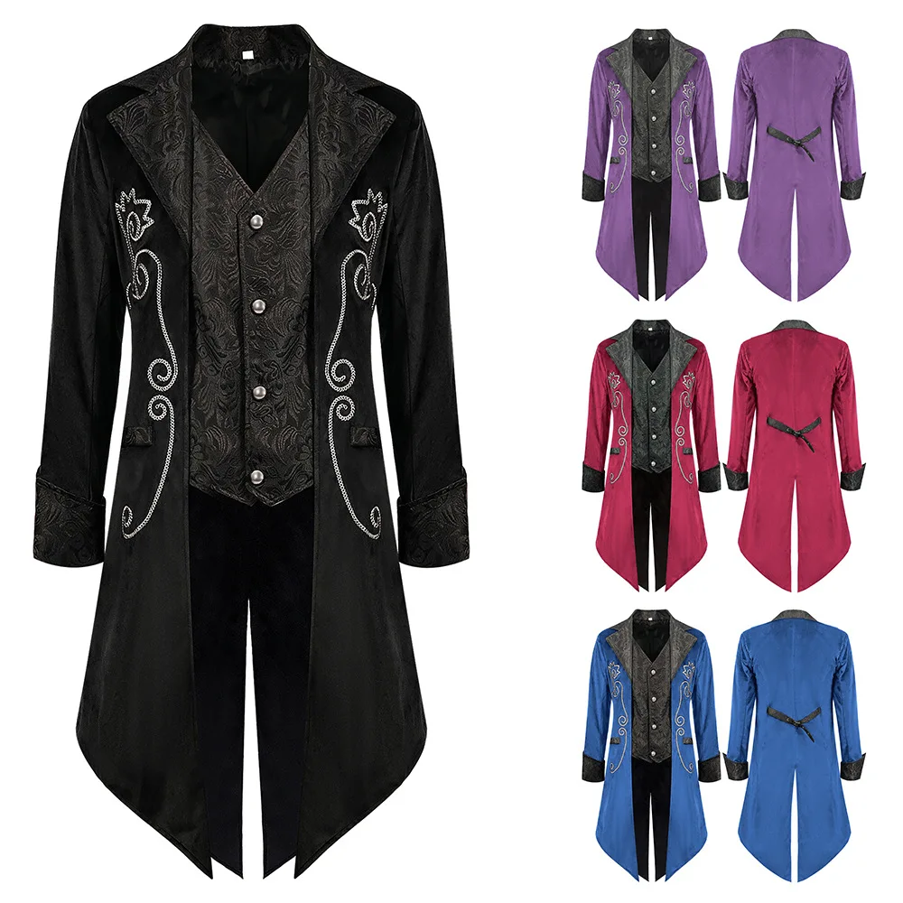 

Новая готическая викторианская куртка с вышивкой на Хэллоуин, костюм эпохи Возрождения, мужской рождественский стимпанк, винтажный фрак, средневековый сюртук