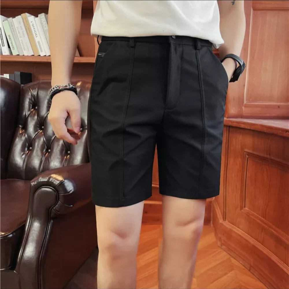 Solid Color Suit Shorts Men's Summer Business Casual Slim Fit Five Quarter Pants Versatile Trend Social Office Daily Shorts