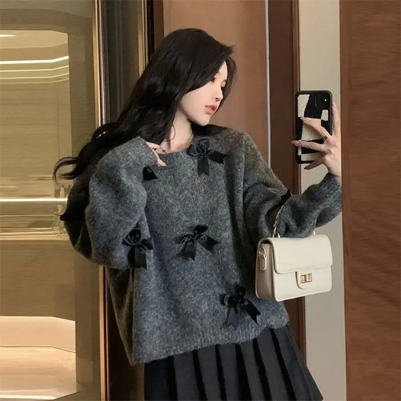 Ezgaga Knitted Sweater Women Bow O Neck Long Sleeve Loose Autumn Winter Outwear Sweet Vintage Pullover Female Casual Jumper